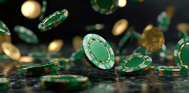 Green and gold casino chips in motion